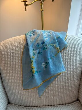 Light Blue Floral Silk Scarf with Yellow Trim. 28” square